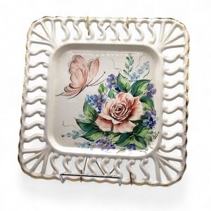 Hand Painted 8" Reticulated Porcelain Square Butterfly & Roses Plate Cottagecore